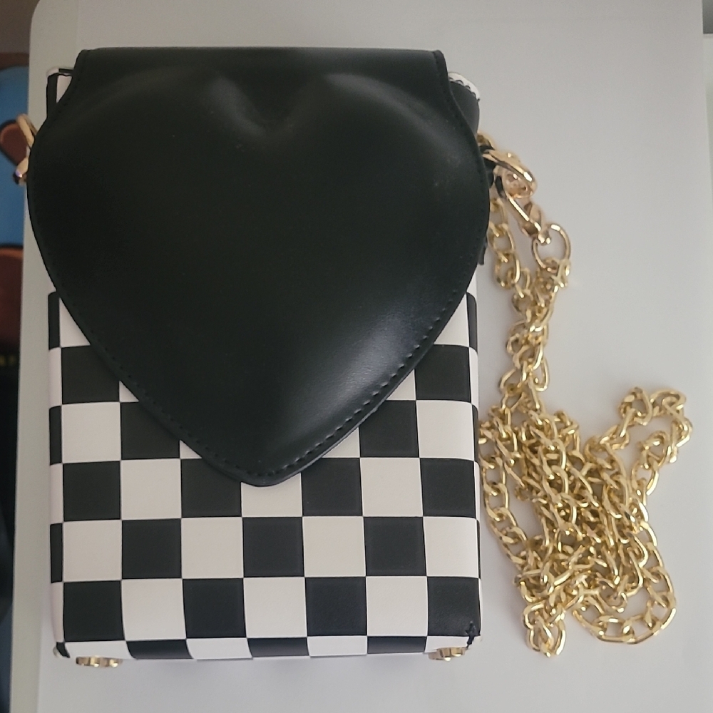 Black Heart Flap Checkered Crossbody Bag with Gold Chain